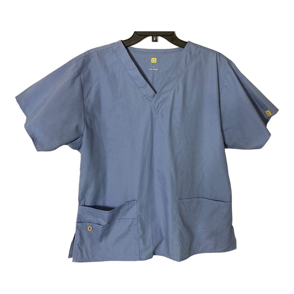 WonderWink 6016 Women's Large Ceil Blue Origins Bravo V-Neck Scrub Top EUC - Picture 1 of 7